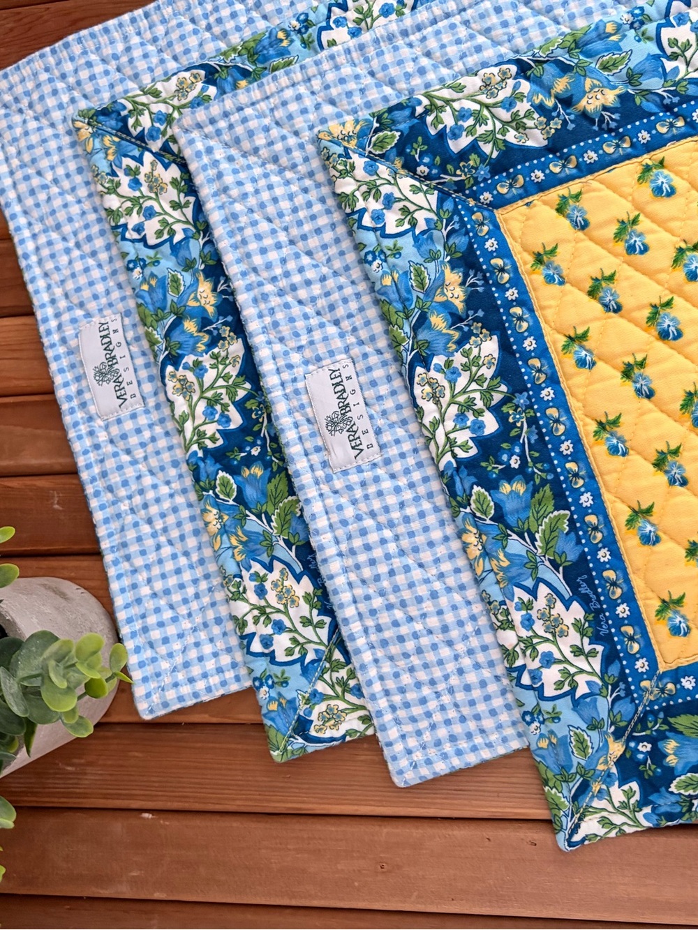 Vera Bradley Set of 4 Quilted Placemats, Blue Floral & Gingham Cottagecore Decor